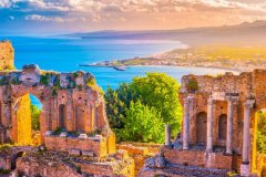 The Ruins of Taormina Theater at Sunset. Beautiful travel photo, colorful image of Sicily.